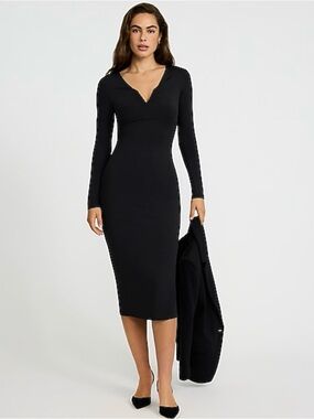 Express Black Long-Sleeve V-Neck Midi Dress